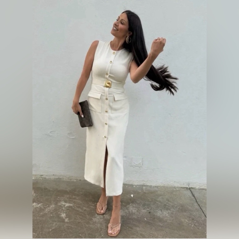 Zara NWT Elegant Cream Sleeveless Belted Midi Dress with Gold Details (Medium) - Picture 5 of 16